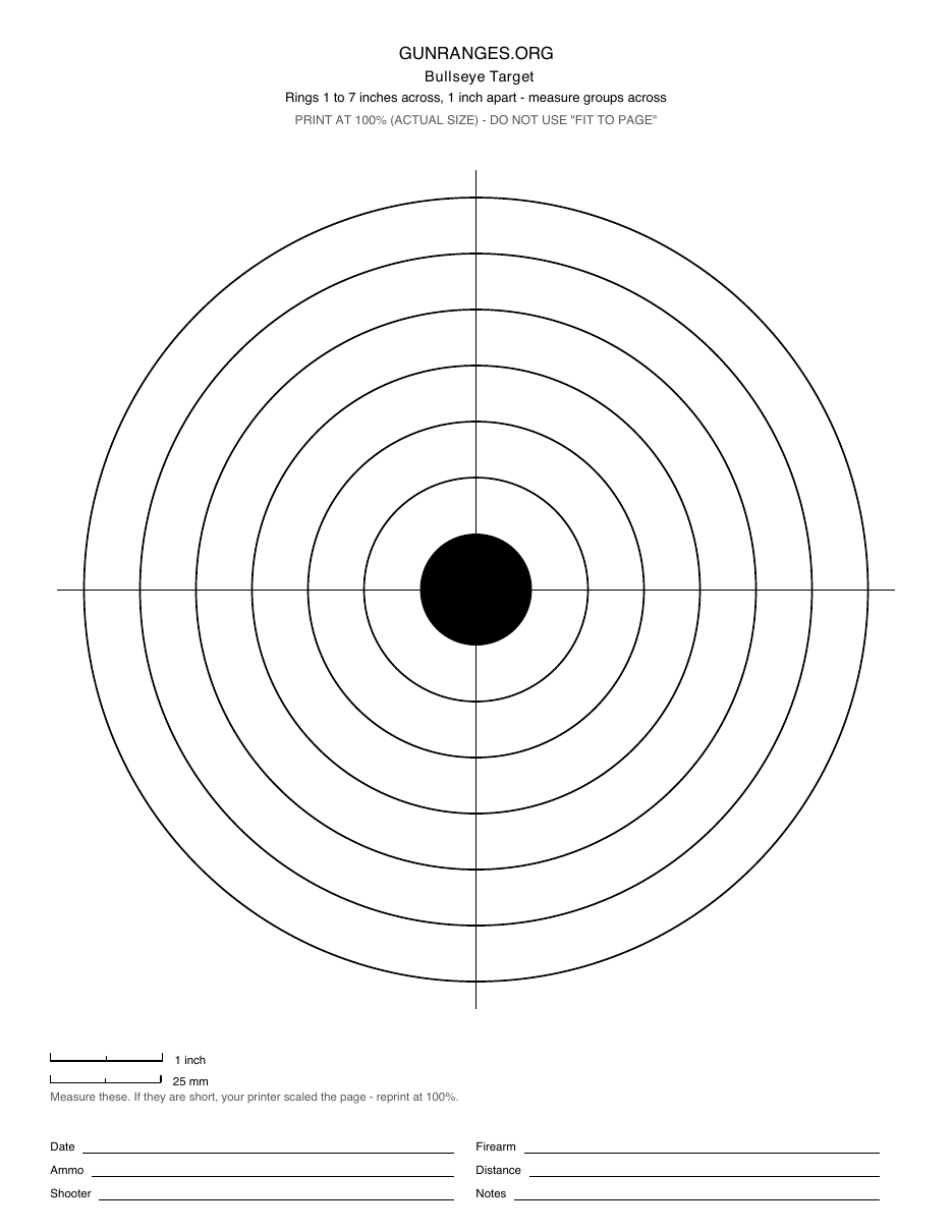 Printable bullseye shooting target with concentric rings from 1 to 7 inches across