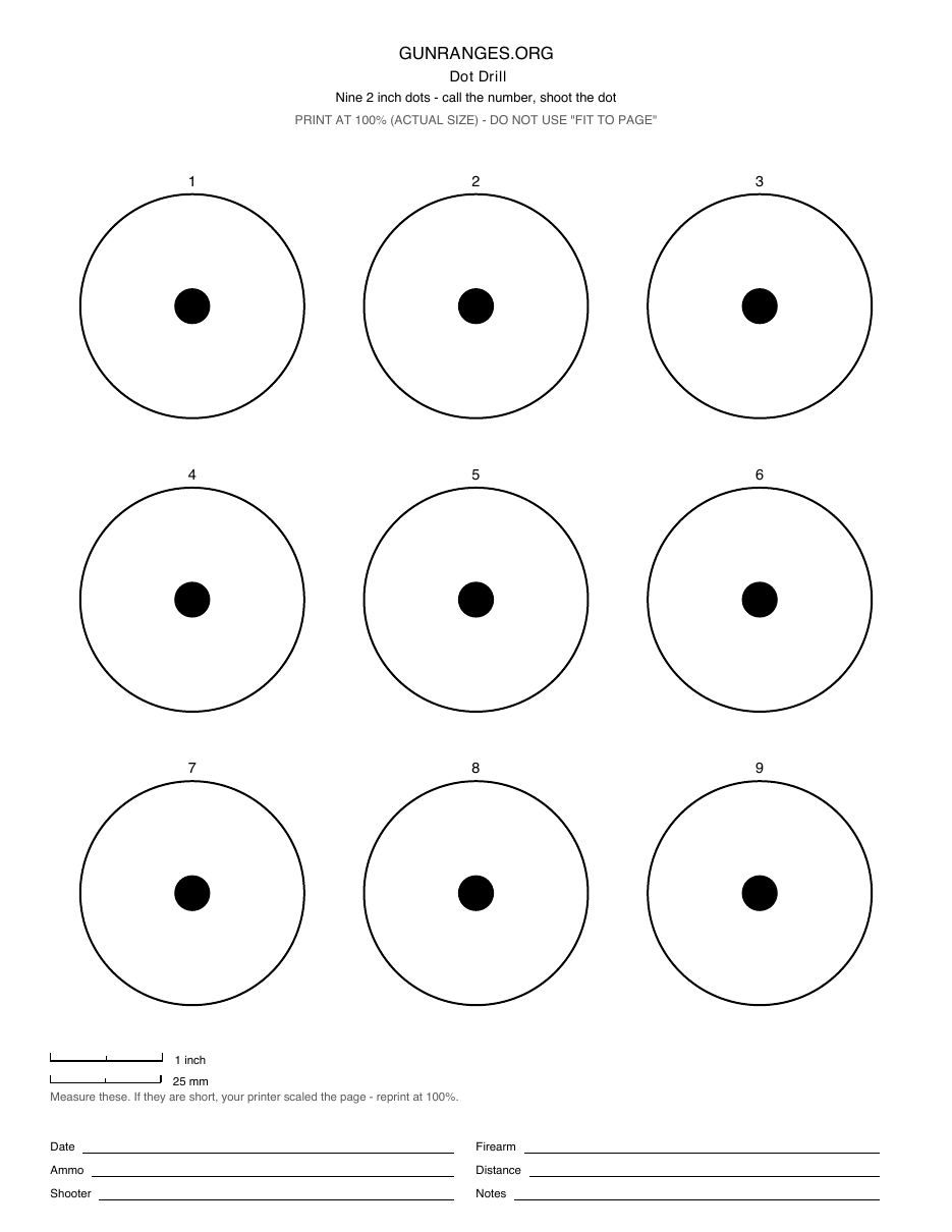 Printable dot drill target with nine numbered two-inch dots for pistol practice