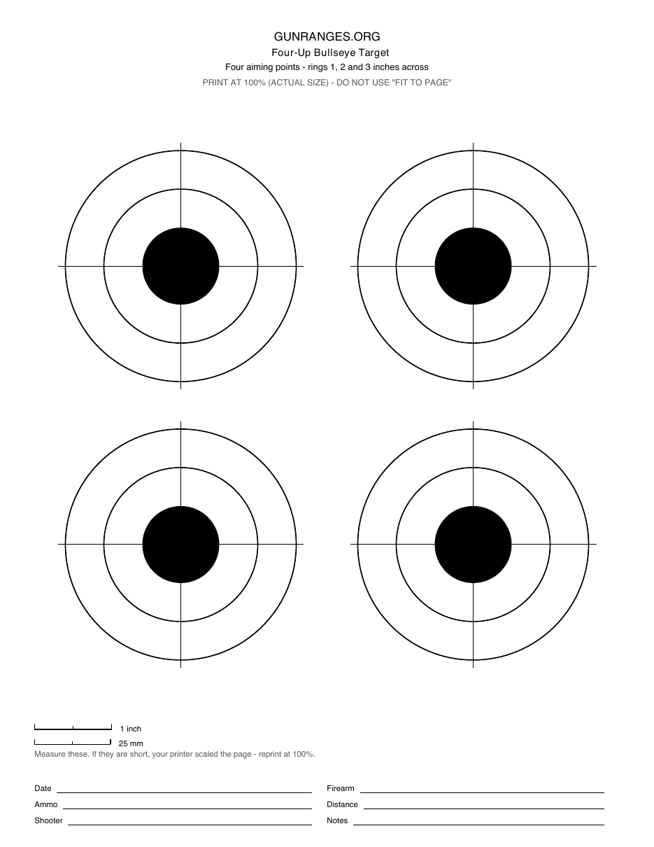 Printable four-up bullseye target with four separate aiming points on one sheet