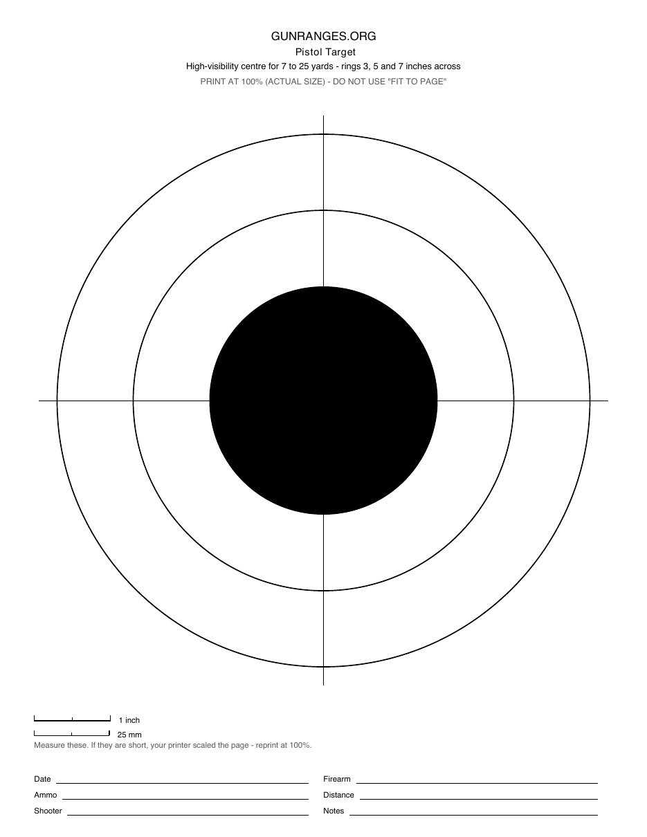 Printable pistol target with a high-visibility centre for 7 to 25 yards