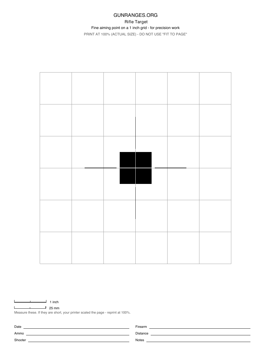 Printable rifle target with a fine one-inch aiming square on a measuring grid