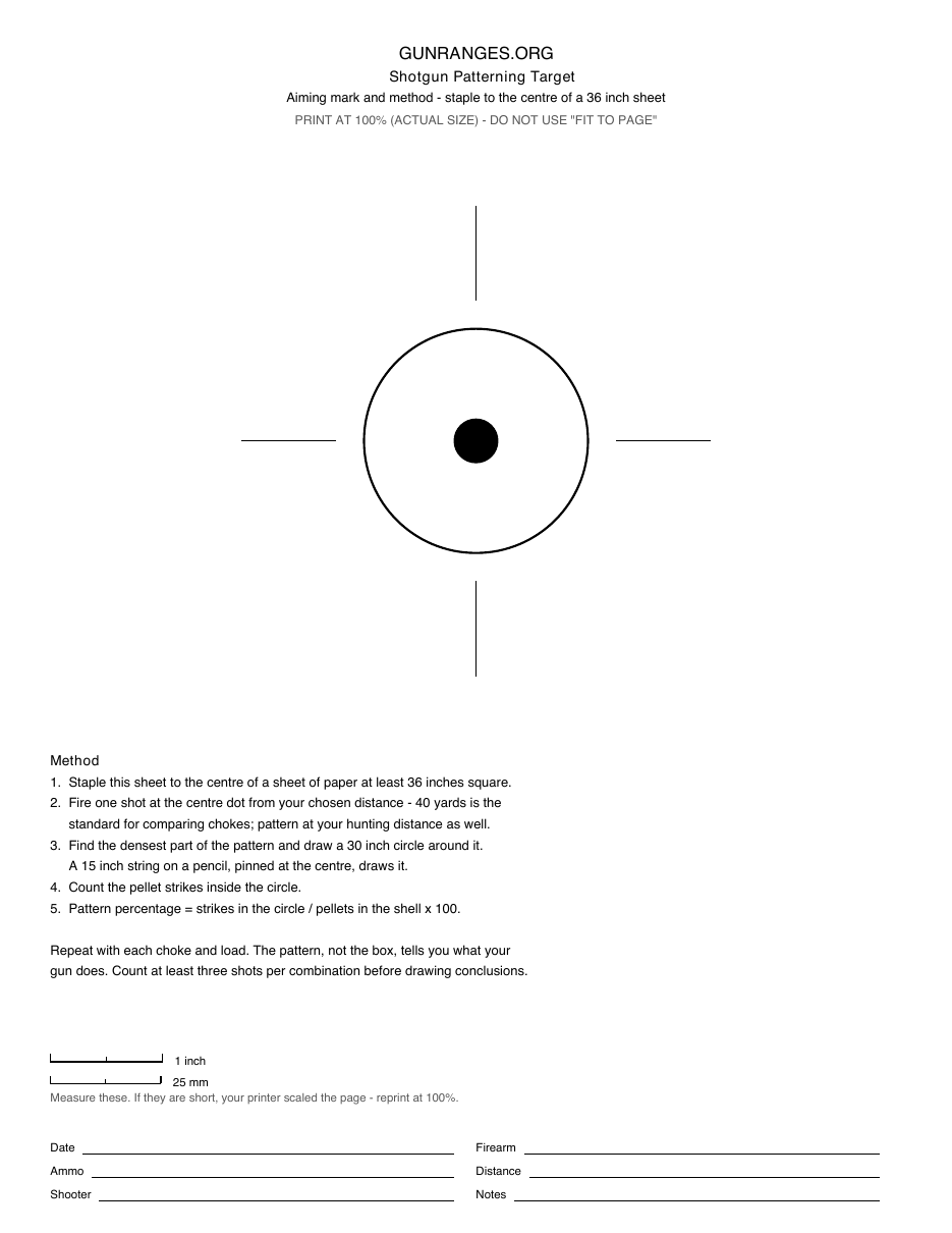 Printable shotgun patterning target with an aiming mark and the patterning method