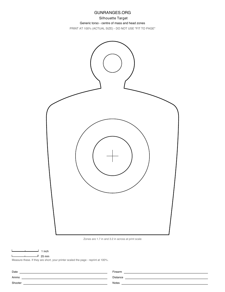 Printable silhouette target with a generic torso outline and scoring zones